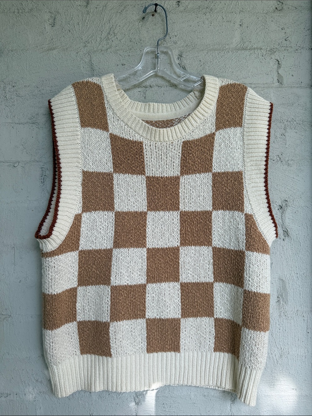 Anthropologie Maeve Checkerboard Knit Sweater Vest in Cream/Tan Size XS - Picture 2 of 13